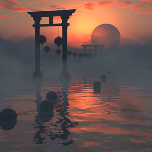 亭台楼阁旭日东升