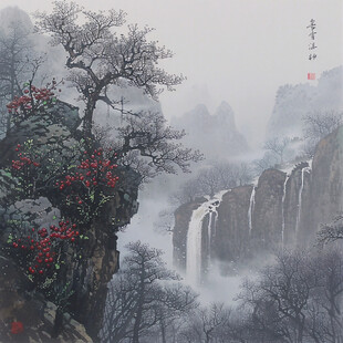 手绘风景画烟雾山水画