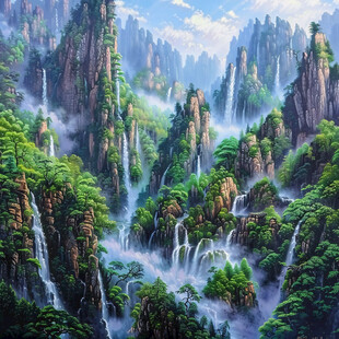 山水风景油画瀑布