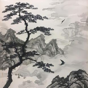 迎客松软膜天花水墨画