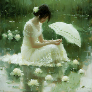 雨中撑伞的少女