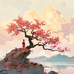 古风柿子山水插画