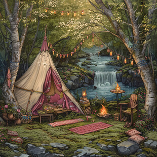 森林帐篷女孩插画