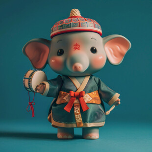 可爱古装小猪拿着纸扇