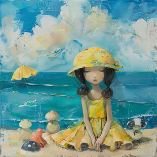唯美小女孩海边插画
