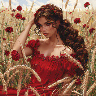 手绘麦子手绘美女