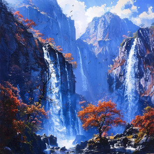 山水风景油画瀑布