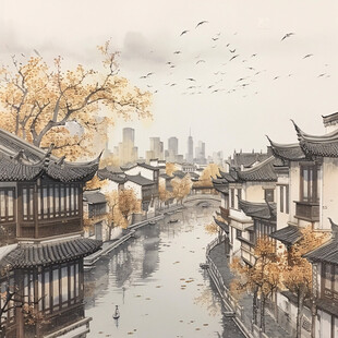古风秋天景色插画