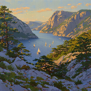 山峰渔船群山油画
