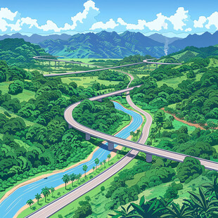 蜿蜒河流山间道路