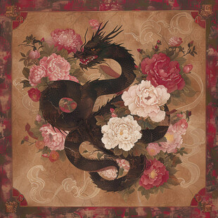 国风蛇与牡丹插画