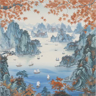 手绘青绿山水秋景