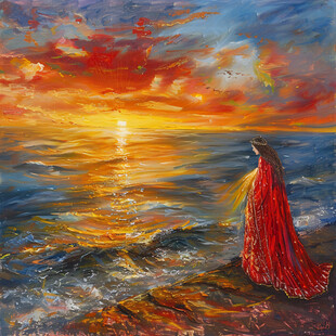 海上日出油画