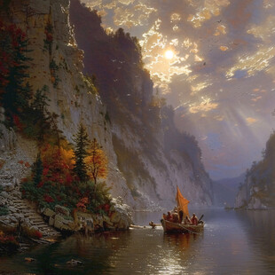 山峰渔船群山油画壁画