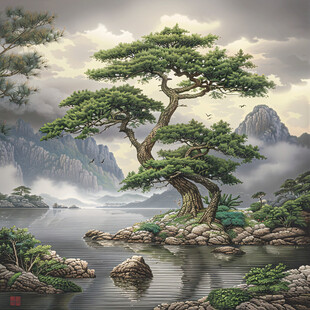 迎客松松树禅意山水