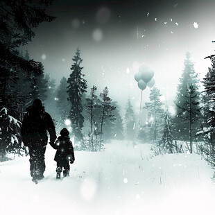 雪天行走的母子背影