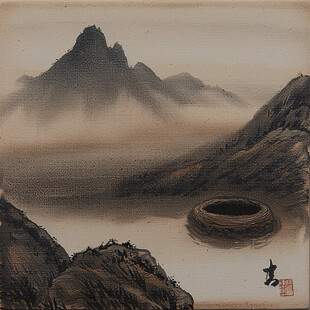 禅意棕色山水年画