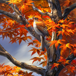 枫叶花鸟装饰画