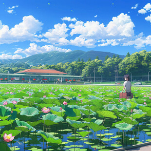 钓鱼垂钓荷塘荷叶山峦