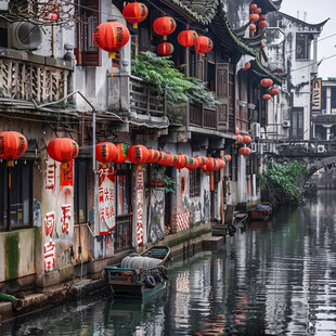 雨天古镇河道