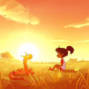 骑着长颈鹿的女孩插画