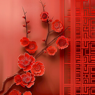 工笔手绘红墙梅花