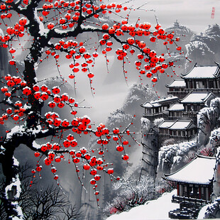 山水壁画雪景中国画