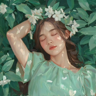 插画绿叶女孩