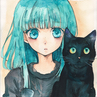 黑猫和看书的女生插画