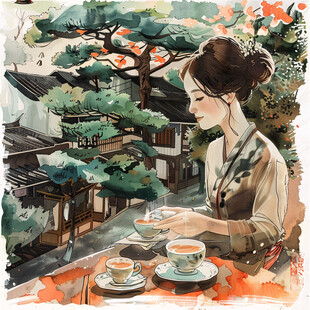喝茶的旗袍美女插画