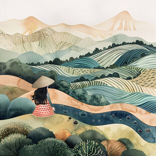 水稻梯田插画