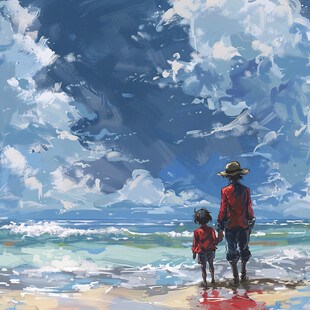 手绘看海的情侣插画