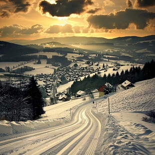 山村晚霞雪景