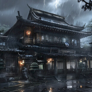 中式古代建筑雨景