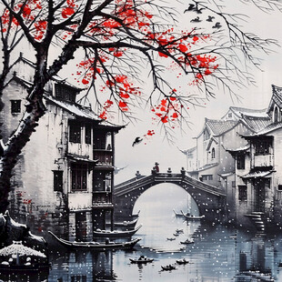 古镇冬季装饰画