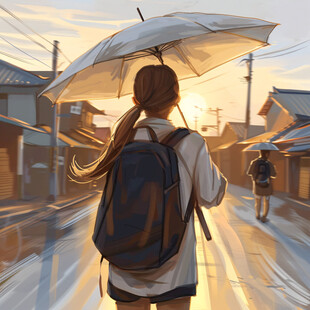 女学生夕阳下插画