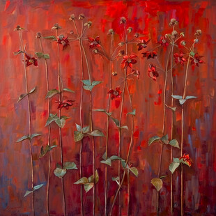 枝头红花抽象油画