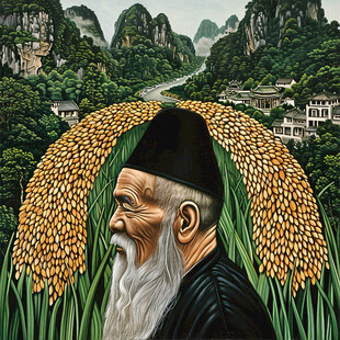 抱着稻穗的老人