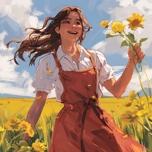 采花的女孩插画