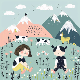 春季放牧儿童插画
