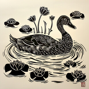 黑白版画矢量插画鸭子