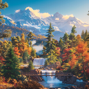 雪山森林河流图