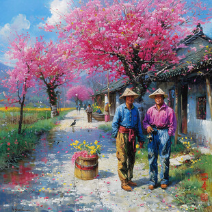 桃花风景油画