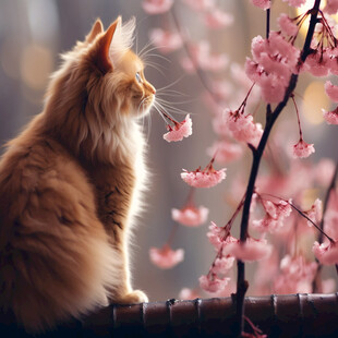 春天猫咪樱花插画壁纸