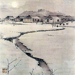 手绘山村雪景图