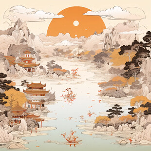 国潮建筑山水场景