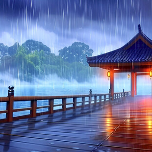 中式古代建筑雨景