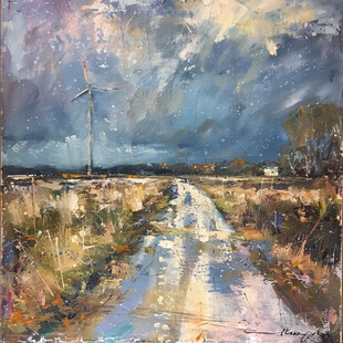 油画风景大风车油画
