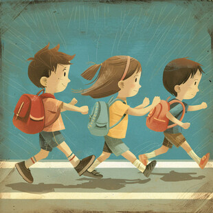 手绘奔跑上学的少年