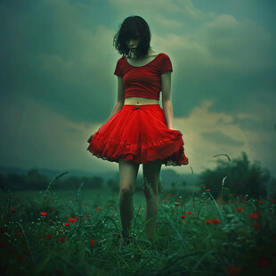 草地上的红衣女子